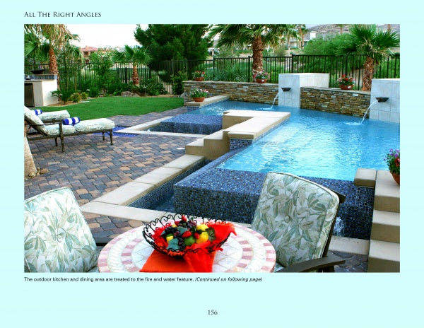 A luxurious backyard from Schiffer Publishing, Ltd.’s *The Sustainable Landscape* features a pool, spa, and patio, with eco-friendly, water-efficient landscaping around a round table with fruit and patterned chairs in the foreground.