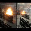 Two photos from "Mexican Arts Series: Hammered Copper" by Schiffer Publishing, Ltd. depict foundry workers pouring molten metal into molds, crafting copper vessels amid bright flames—a vibrant scene of traditional Mexican craftsmanship.