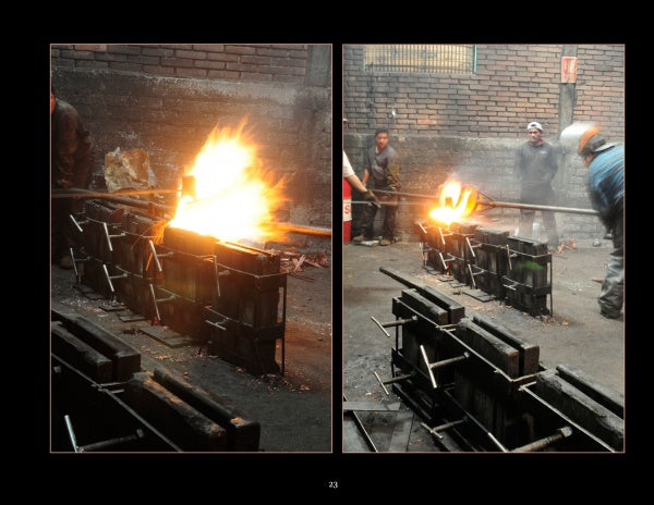 Two photos from "Mexican Arts Series: Hammered Copper" by Schiffer Publishing, Ltd. depict foundry workers pouring molten metal into molds, crafting copper vessels amid bright flames—a vibrant scene of traditional Mexican craftsmanship.