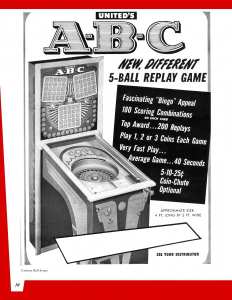 Black and white ad for Schiffer Publishing, Ltd.'s "The Bingo Pinball War," showcasing this arcade game’s bingo appeal, scoring combos, and play details—a classic piece of mid-century American entertainment.