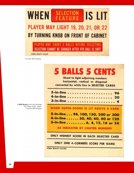 Two vintage bingo pinball instruction cards featured in "The Bingo Pinball War" by Schiffer Publishing, Ltd.—the top card covers lighting points 19-22, while the bottom explains 5-ball scoring, representing classic American entertainment.