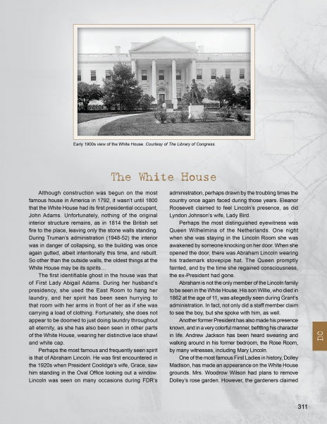 Early 1900s black-and-white photo of the White House with people and a horse-drawn carriage in front; featured in America's Historic Haunts by Schiffer Publishing, Ltd., the historic building is framed by tall columns and trees.