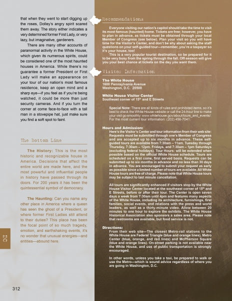A magazine page showcases text from "America's Historic Haunts" by Schiffer Publishing, Ltd., sharing White House ghost stories, history, visitor info, and travel tips for haunted sites—all set against a muted brown background.
