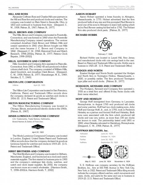 A reference page from "Clock & Watch Companies 1700s-2000s" by Schiffer Publishing, Ltd. lists detailed histories, photos, logos, trademarks, and dates for numerous clock companies and individuals in organized black-and-white columns.