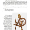 A page from Amish Folk Tales & Other Stories of the Pennsylvania Dutch (Schiffer Publishing, Ltd.) shows text with dialogue and a photo of a wooden spinning wheel, described as part of Lancaster County Amish heritage and local legends.