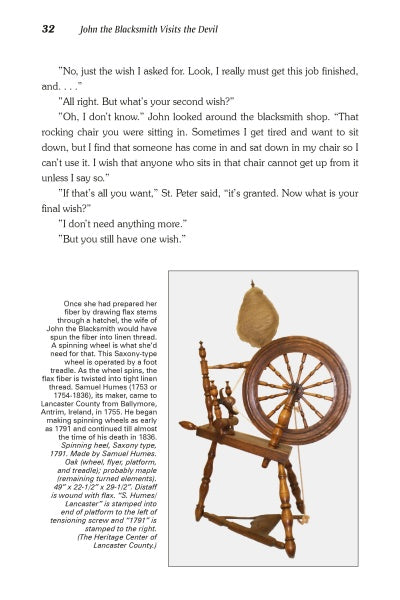 A page from Amish Folk Tales & Other Stories of the Pennsylvania Dutch (Schiffer Publishing, Ltd.) shows text with dialogue and a photo of a wooden spinning wheel, described as part of Lancaster County Amish heritage and local legends.