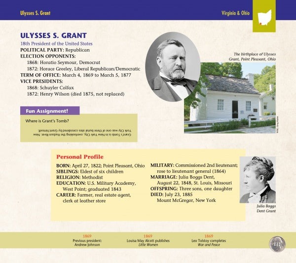 Meet the Presidents" by Schiffer Publishing, Ltd. presents an infographic on Ulysses S. Grant with his portrait, birthplace photo, presidency highlights, personal profile, and timeline against a yellow and green background.