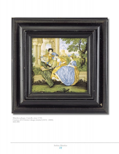Schiffer Publishing, Ltd.’s 'Mediterranean Maiolica' captures three figures in 18th-century dress amid columns and gardens—two women and one man share a moment on green grass, with trees and buildings gracing the scene.