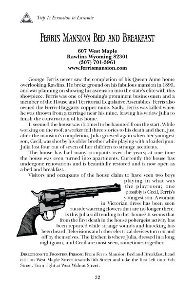 A page from Schiffer Publishing, Ltd.'s "Haunted Wyoming" highlights Ferris Mansion Bed and Breakfast with a historic overview, contact details, a gun illustration, and directions at the page's bottom.