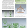 A catalog page from Mauzy's Depression Glass by Schiffer Publishing, Ltd., showcasing collectible spiral-patterned pieces like green and pink goblets, sherbets, and a lidded candy dish with images, descriptions, and measurements.