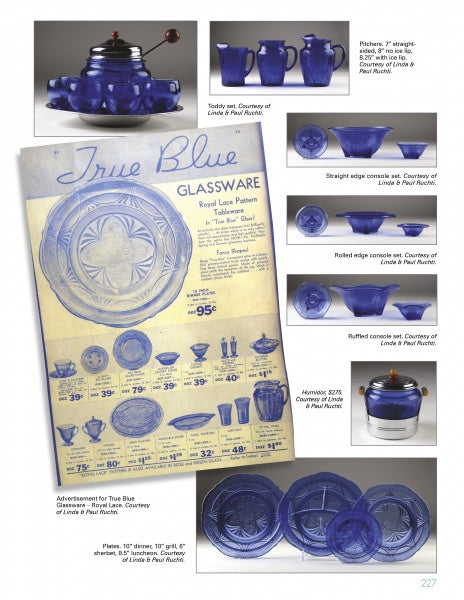 A collage featuring cobalt blue vintage glassware—pitchers, bowls, a coffee grinder, platter, and dinner set—plus a nostalgic True Blue Glassware ad, inspired by Mauzy's Depression Glass from Schiffer Publishing, Ltd.