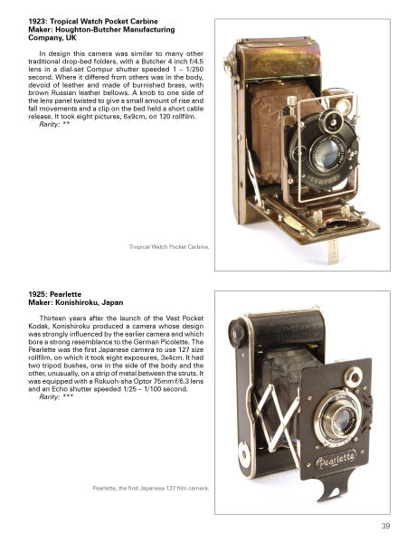 A catalog page for camera collectors featuring "From Daguerre to Digital" by Schiffer Publishing, Ltd., with detailed photos and descriptions showcasing its importance in the history of photography.