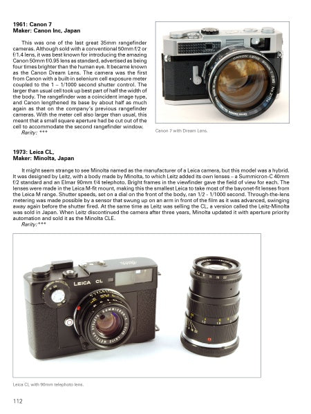A page from Schiffer Publishing, Ltd.'s "From Daguerre to Digital" showcases images and details of the 1961 Canon 7 and 1973 Leica CL cameras, including a Leica CL with telephoto lens—ideal for camera collectors and history enthusiasts.