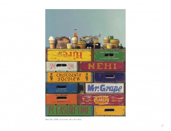 A stack of vibrant wooden crates, inspired by Robert C. Jackson Paintings from Schiffer Publishing, Ltd., is topped with ice cream cones, pastries, drinks, and snacks, all set against a light blue background.