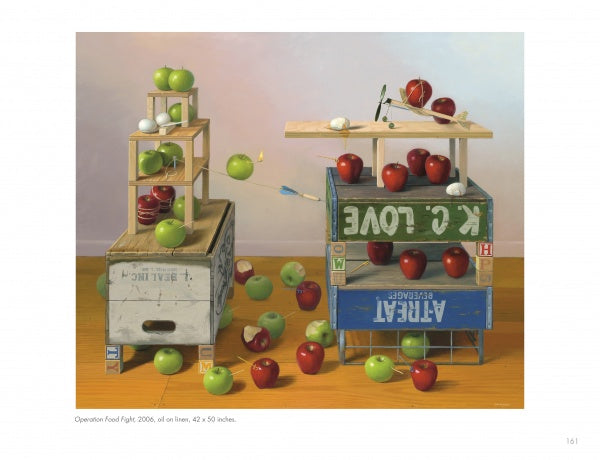 In "Robert C. Jackson Paintings" by Schiffer Publishing, Ltd., stacks of crates and boards hold green and red apples—some appear to float as blue darts pierce them—capturing a lively, playful food fight.