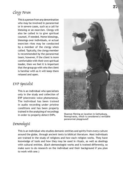 A page from Paranormal Unwrapped by Schiffer Publishing, Ltd. describes roles like Clergy Person, EVP Specialist, and Demonologist, and includes a black-and-white photo of Shannon ghost hunting in Gettysburg.