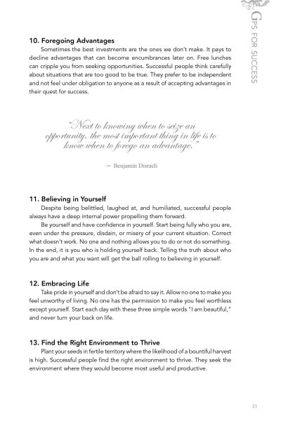 A page from Schiffer Publishing’s "17 Women Who Shook the World" shares success tips—such as “Foregoing Advantages,” “Believing in Yourself,” “Embracing Life,” and “Find the Right Environment to Thrive”—plus an inspiring decorative quote.