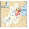 A map from *The Charles River* by Schiffer Publishing, Ltd. highlights Boston and Cambridge by the Charles and Mystic Rivers, with labeled blue water bodies, Boston Harbor to the east, and an inset showing the city’s spot in Massachusetts.