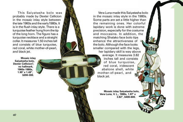 A page from "Kachinas and Ceremonial Dancers in Zuni Jewelry" by Schiffer Publishing, Ltd. displays two bolo ties: one with a horizontal turquoise and shell inlay, the other with a standing figure, highlighting Zuni jewelry’s history and materials.