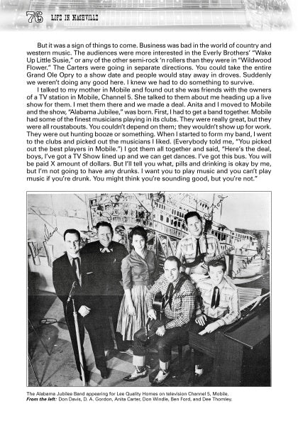 A black-and-white photo shows five men in suits outside a house. Above is text about life in Nashville and country music challenges. Caption: Nashville Steeler, from Schiffer Publishing, Ltd.