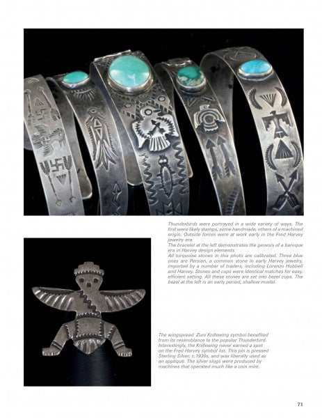 Five silver bracelets with turquoise stones and Native American motifs from Fred Harvey Jewelry by Schiffer Publishing are displayed upright above a Zuni Thunderbird symbol; text descriptions accompany the images on a white background.