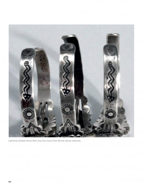 Three silver Fred Harvey Jewelry bracelets with zigzag lightning and sunburst designs, exemplifying Southwestern Indian artistry, are featured upright against a plain background. Brand: Schiffer Publishing, Ltd.