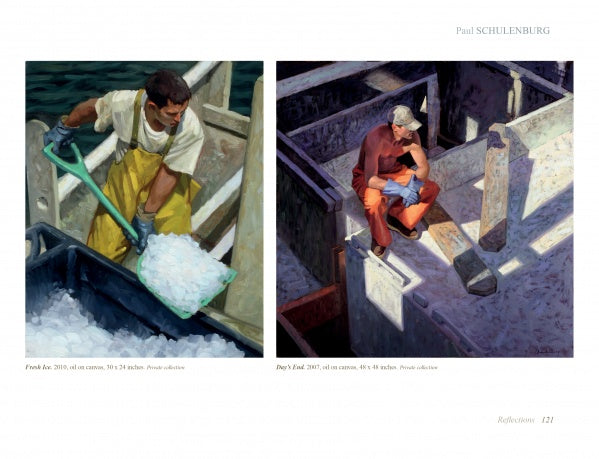 Two paintings from Schiffer Publishing, Ltd.’s Contemporary Cape Cod Artists: Left, a man in yellow overalls shovels ice on a boat. Right, a man in orange overalls sits thoughtfully on a dock, fishing gear nearby.