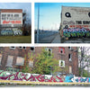 “Detroit Graffiti” by Schiffer Publishing, Ltd. features street art in urban areas: graffiti on a political billboard, a tire service wall, and a vibrant mural in front of an abandoned brick building with overgrown vegetation.