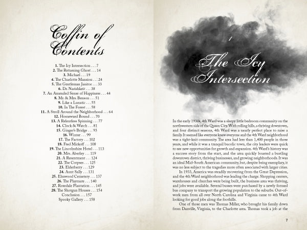 An open book from Schiffer Publishing, Ltd.'s "Haunted Charlotte" shows a stylized table of contents and the chapter "The Icy Intersection," featuring a dark ink cloud and decorative fonts evoking classic Charlotte ghost stories.