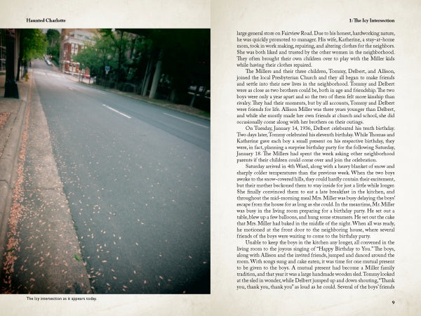 A spread from "Haunted Charlotte" by Schiffer Publishing, Ltd. shows a tree-lined street with scattered leaves on the left and mysterious tales of Charlotte’s haunted intersection told in text on the right.