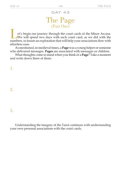 A page from "90 Days to Learning the Tarot" by Schiffer Publishing, Ltd. explores court cards and invites readers to reflect on a Page, share insights from intuitive tarot practice, and write personal guidance on three blank numbered lines.