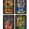 Four tarot cards—Page of Cups, Swords, Wands, and Pentacles—appear in ornate style. Ideal for intuitive readings or Tarot programs like "90 Days to Learning the Tarot" from Schiffer Publishing, Ltd. seeking vibrant images and guidance.