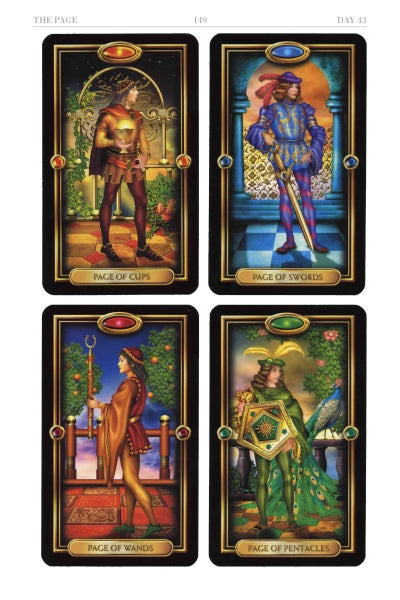 Four tarot cards—Page of Cups, Swords, Wands, and Pentacles—appear in ornate style. Ideal for intuitive readings or Tarot programs like "90 Days to Learning the Tarot" from Schiffer Publishing, Ltd. seeking vibrant images and guidance.