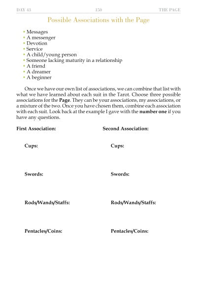 In "90 Days to Learning the Tarot" by Schiffer Publishing, Ltd., a book page links “the Page” to messages and devotion, while a table lets you record tarot suits as “First Association” and “Second Association” on your intuitive journey.