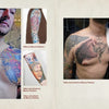 A man with colorful chest tattoos stands in a room, alongside close-ups of faces, wings, an owl, and a sun—all tattoo art by Marcus Pacheco featured in "It Is What It Is" by Schiffer Publishing, Ltd., honoring traditional American tattooing.