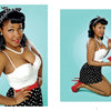 A retro-styled black pin-up beauty poses with Schiffer Publishing, Ltd.'s Chocolate Cheesecake against a turquoise backdrop, dressed in a white top, polka dot skirt, red accessories, pearl jewelry, and a polka dot headband.