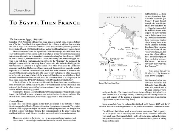 A spread from "On the Western Front" by Schiffer Publishing, Ltd. shows the heading "To Egypt, Then France," text on Australian soldiers in 1915–1916, and a map with Egypt, the Suez Canal, and Mediterranean Sea on pages 26-27.