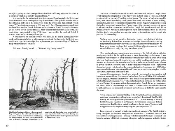 Two pages from "On the Western Front" by Schiffer Publishing, Ltd. show black text on white; the left page features a black-and-white photo of Australian servicemen walking through a barren, devastated Western Front landscape.