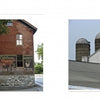 Two photos from *Signs of Lancaster County* by Schiffer Publishing, Ltd. show old building signs: Left—a brick wall with faded ads including John J. Bornitzler; Right—a farm with silos and an Amish sign for Lancaster Brand.