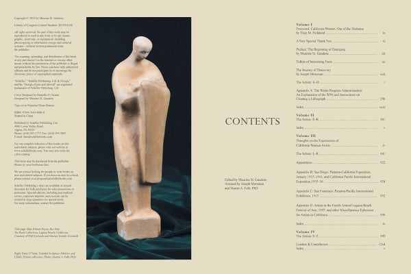 To the left, a beige statue stands on a green cloth holding a rectangular object. To the right is the two-column table of contents for Emerging from the Shadows, Vol. III by Schiffer Publishing, Ltd., focused on California women artists.