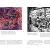 A two-page spread from "Emerging from the Shadows, Vol. III" (Schiffer Publishing, Ltd.) shows similar industrial scenes—left in red tones, right in black and white—spotlighting women artists’ roles in California art history. Captions appear below.