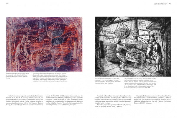 A two-page spread from "Emerging from the Shadows, Vol. III" (Schiffer Publishing, Ltd.) shows similar industrial scenes—left in red tones, right in black and white—spotlighting women artists’ roles in California art history. Captions appear below.