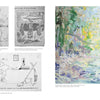 Emerging from the Shadows, Vol. III by Schiffer Publishing, Ltd. features B&W cartoon illustrations with captions on the left and vibrant abstract art on the right, highlighting women artists’ roles in California art history.