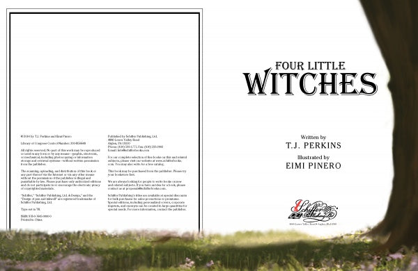 Book title page for Four Little Witches, a children's book published by Schiffer Publishing, Ltd.; foreground features decorative grass and a tree evoking earth elements, with publishing info on the left.