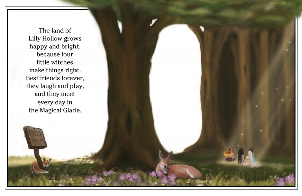A sunlit forest clearing sets the scene in "Four Little Witches" by Schiffer Publishing, Ltd., where four girls as elemental witches gather by sparkling lights among purple flowers, with a deer and fox nearby. Text is on the left.