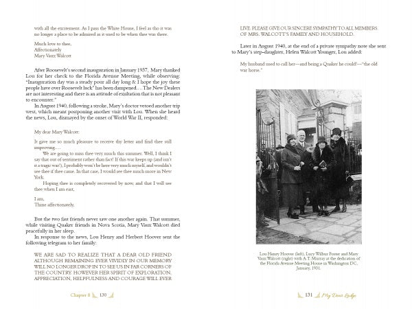 A black-and-white photo in "The Life and Times of Mary Vaux Walcott" by Schiffer Publishing, Ltd. shows Mary Vaux Walcott, Eleanor Roosevelt, and two others outdoors; the facing page features text about memories and North American wildflowers.