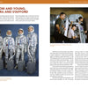 Four astronauts in silver suits stand on platforms, evoking the space race. On the right, three men check equipment as another sits in a capsule simulator. Discover Project Gemini by Schiffer Publishing, Ltd.—a tribute to this historic mission.
