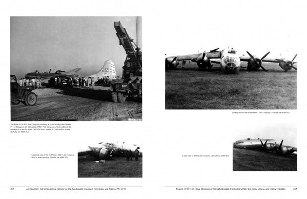 A black-and-white spread from "Matterhorn--The Operational History of the US XX Bomber Command from India and China" (Schiffer Publishing, Ltd.) shows four B-29s on the ground, with captions on each plane, crew, and WWII missions.