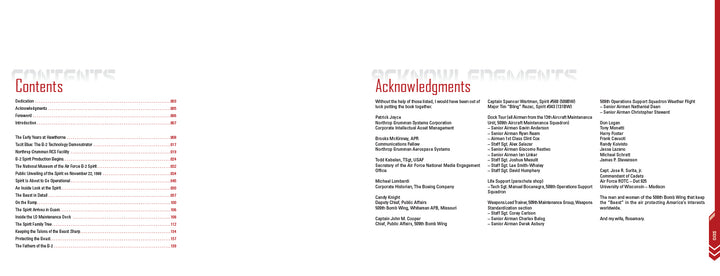 The left page presents the table of contents with section titles and page numbers, while the right page features acknowledgments for contributions to "A Pictorial History of the B-2A Spirit Stealth Bomber" by Schiffer Publishing, Ltd.