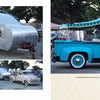 In "Vintage Trailer Voyeur" by Schiffer Publishing, Ltd., vintage teardrop trailers and classic cars recall rally vibes, while a turquoise pickup and matching trailer highlight custom trailer culture at an outdoor gathering.